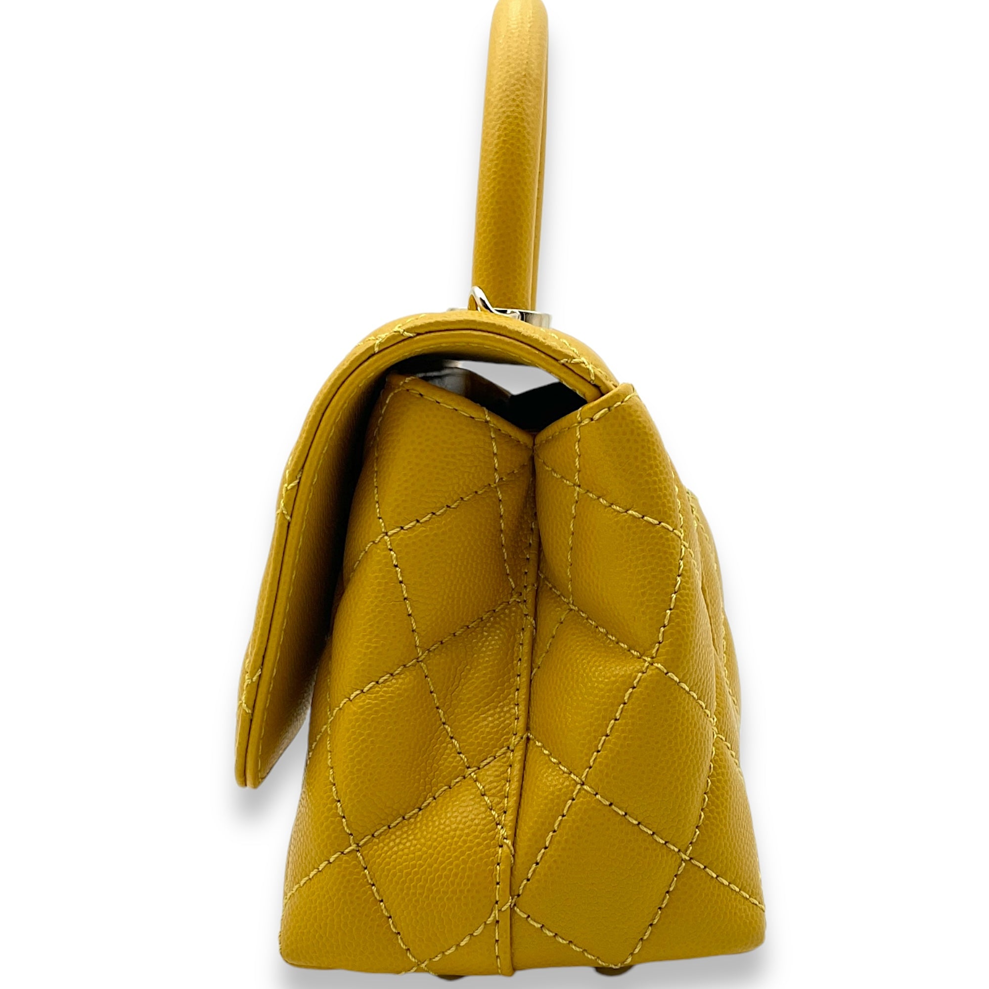Coco Mini Mustard Yellow Top Handle Bag in Caviar Leather, Gold hardware - Image 4
