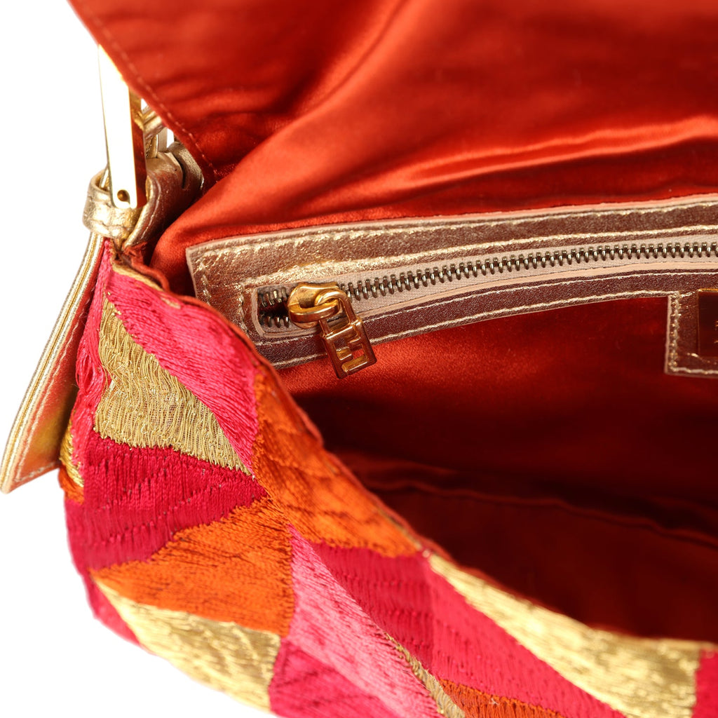 Vintage Fendi Patchwork Baguette Bag Gold, Pink, Orange and Red Embroidered Silk Gold Hardware - Image 8