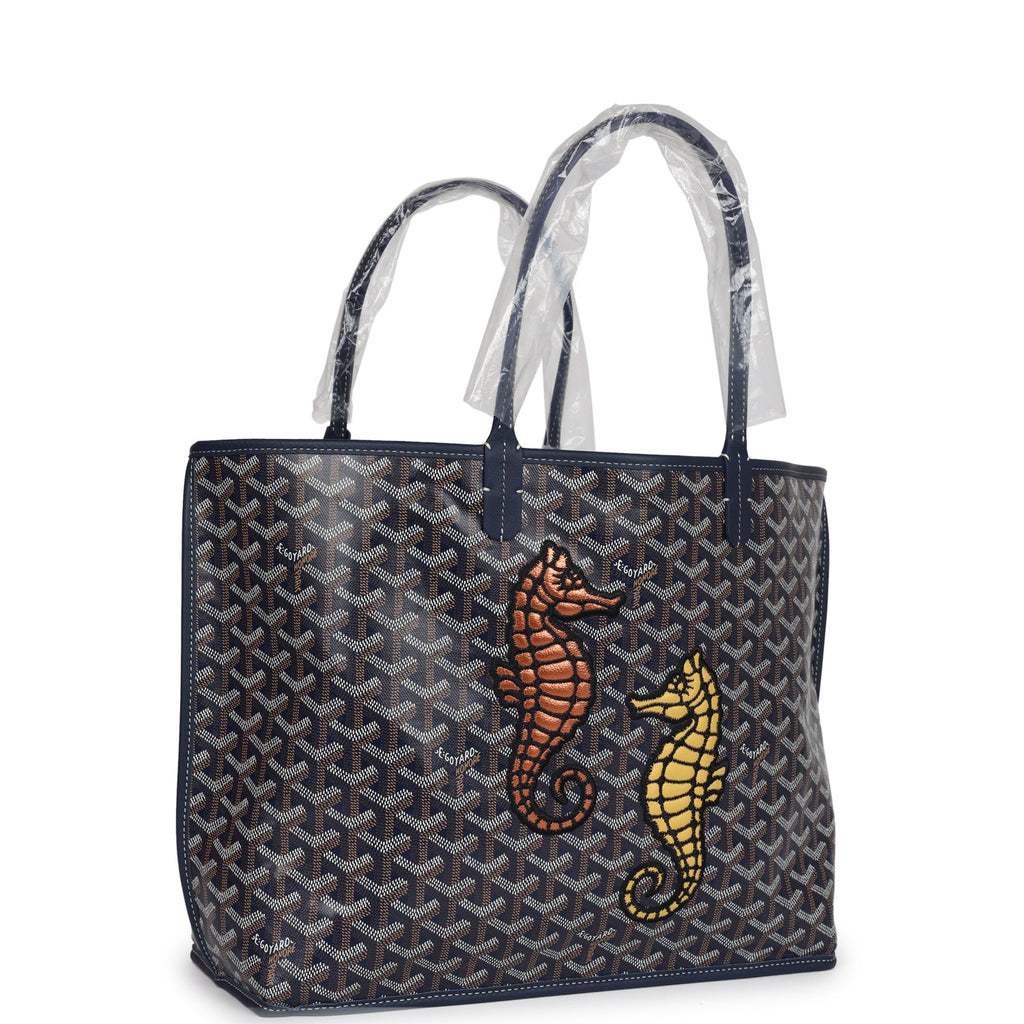 Goyard Goyardine Navy Blue Anjou PM Embroidered Seahorse Bag Palladium Hardware - Image 3