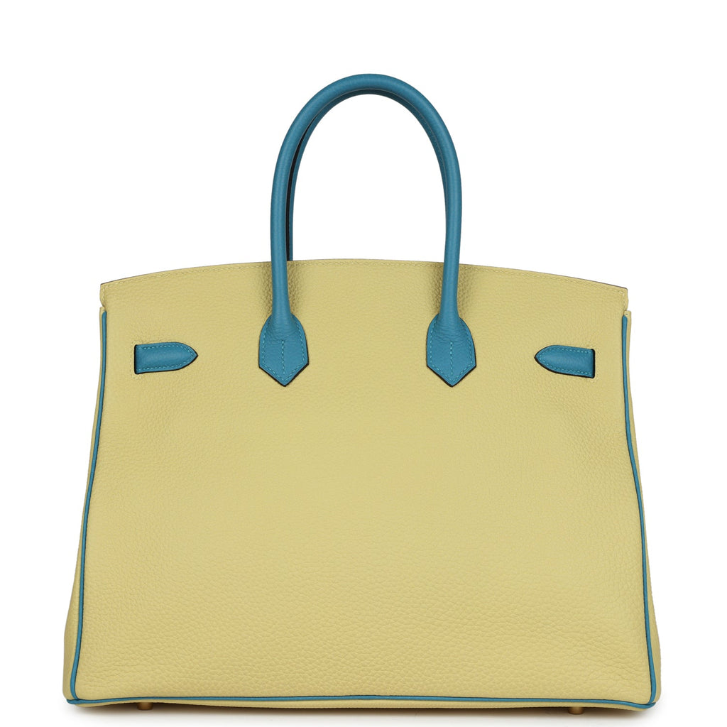 Pre-owned Hermes Special Order (HSS) Birkin 35 Jaune Poussin and Bleu Paradise Togo Brushed Gold Hardware - Image 5