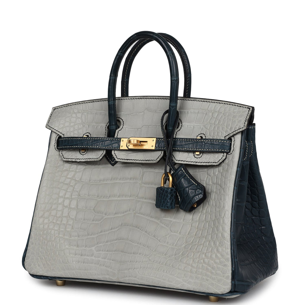 Hermes Special Order (HSS) Birkin 25 Gris Perle and Vert Rousseau Matte Alligator Brushed Gold Hardware - Image 6