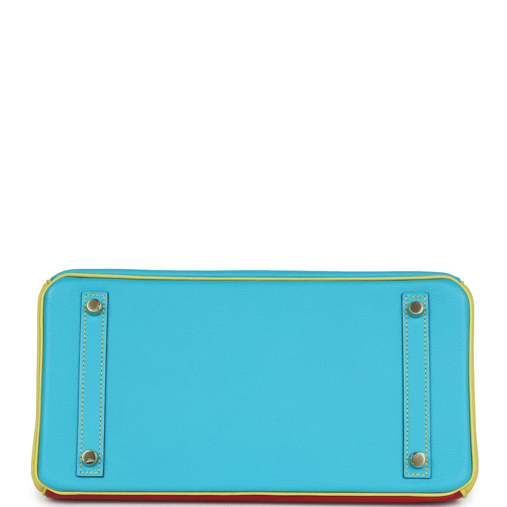 Hermes Special Order (HSS) Tri-color Birkin 30 Bleu Aztec, Soufre and Rouge Vif Chevre Brushed Gold Hardware - Image 7