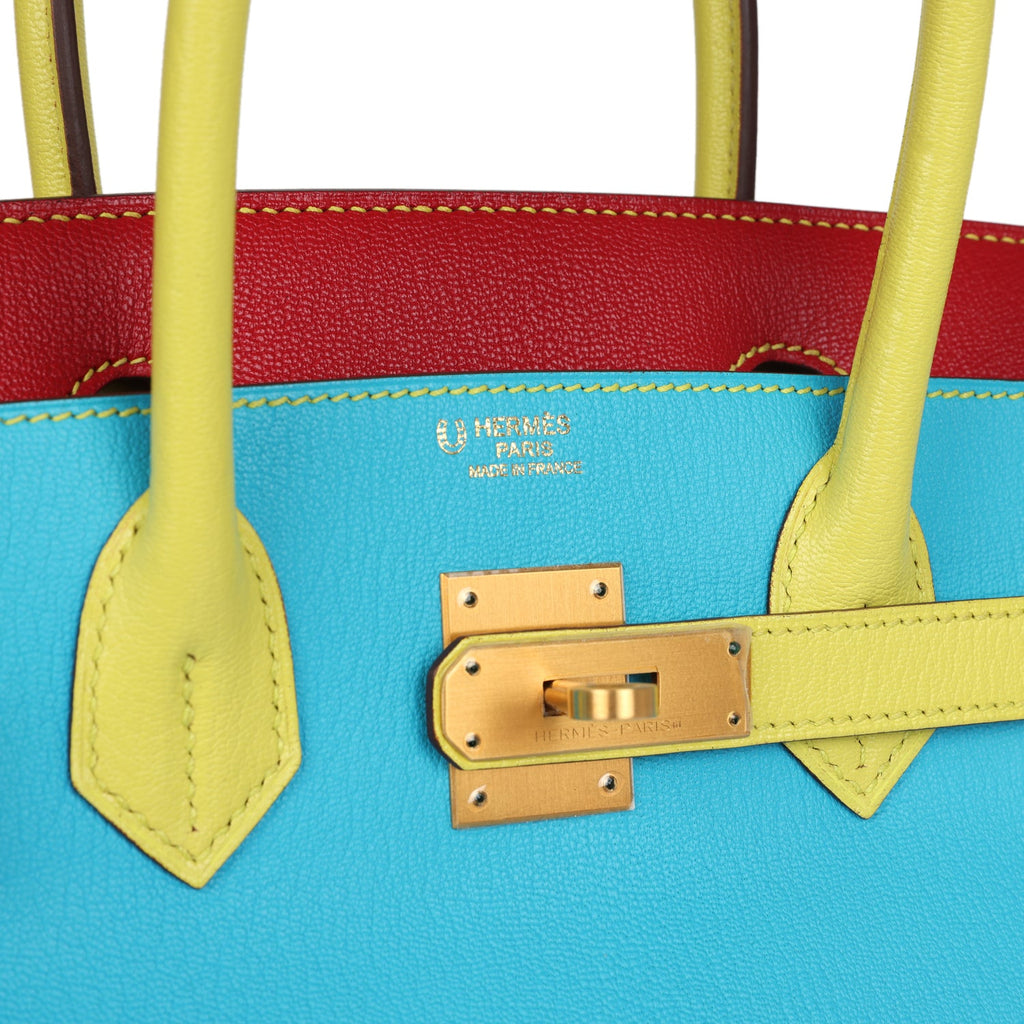 Hermes Special Order (HSS) Tri-color Birkin 30 Bleu Aztec, Soufre and Rouge Vif Chevre Brushed Gold Hardware - Image 8