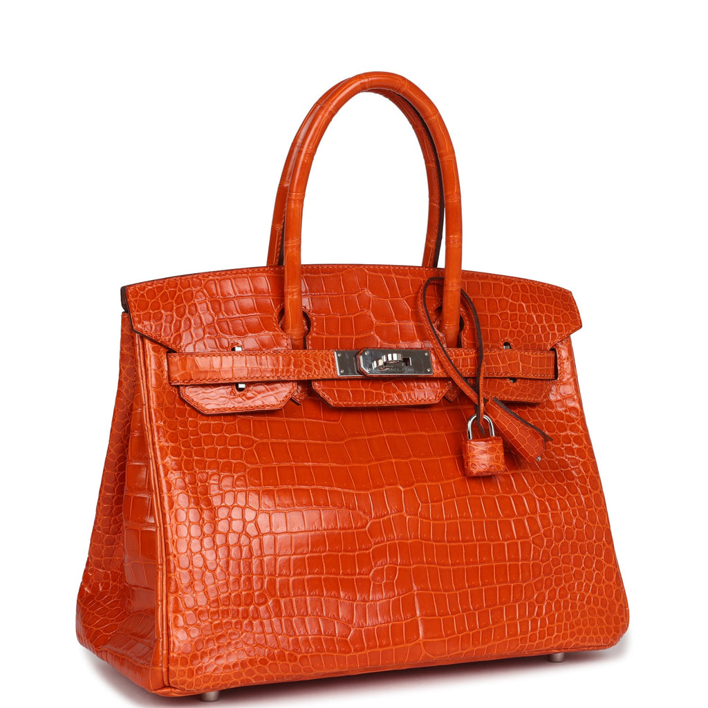 Pre-owned Hermes Birkin 30 Orange Shiny Porosus Crocodile Palladium Hardware - Image 3