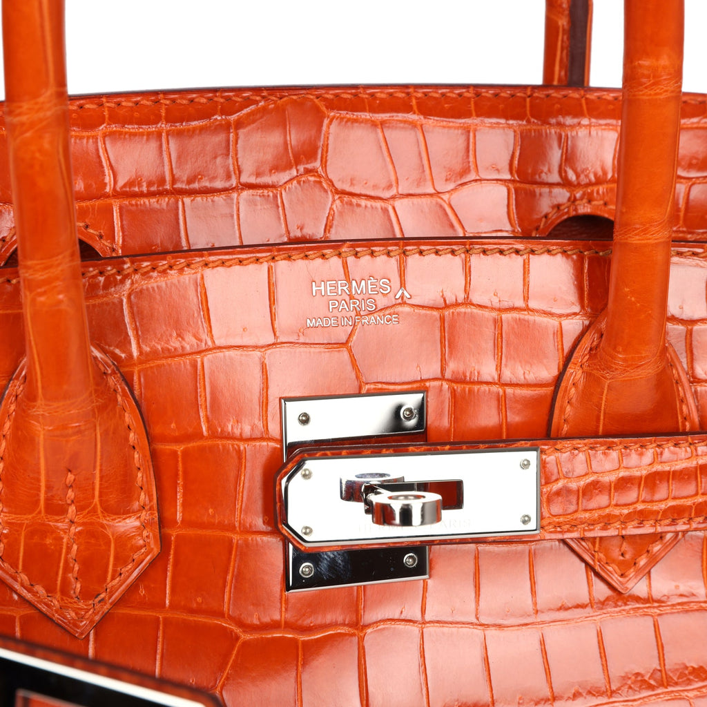Pre-owned Hermes Birkin 30 Orange Shiny Porosus Crocodile Palladium Hardware - Image 8