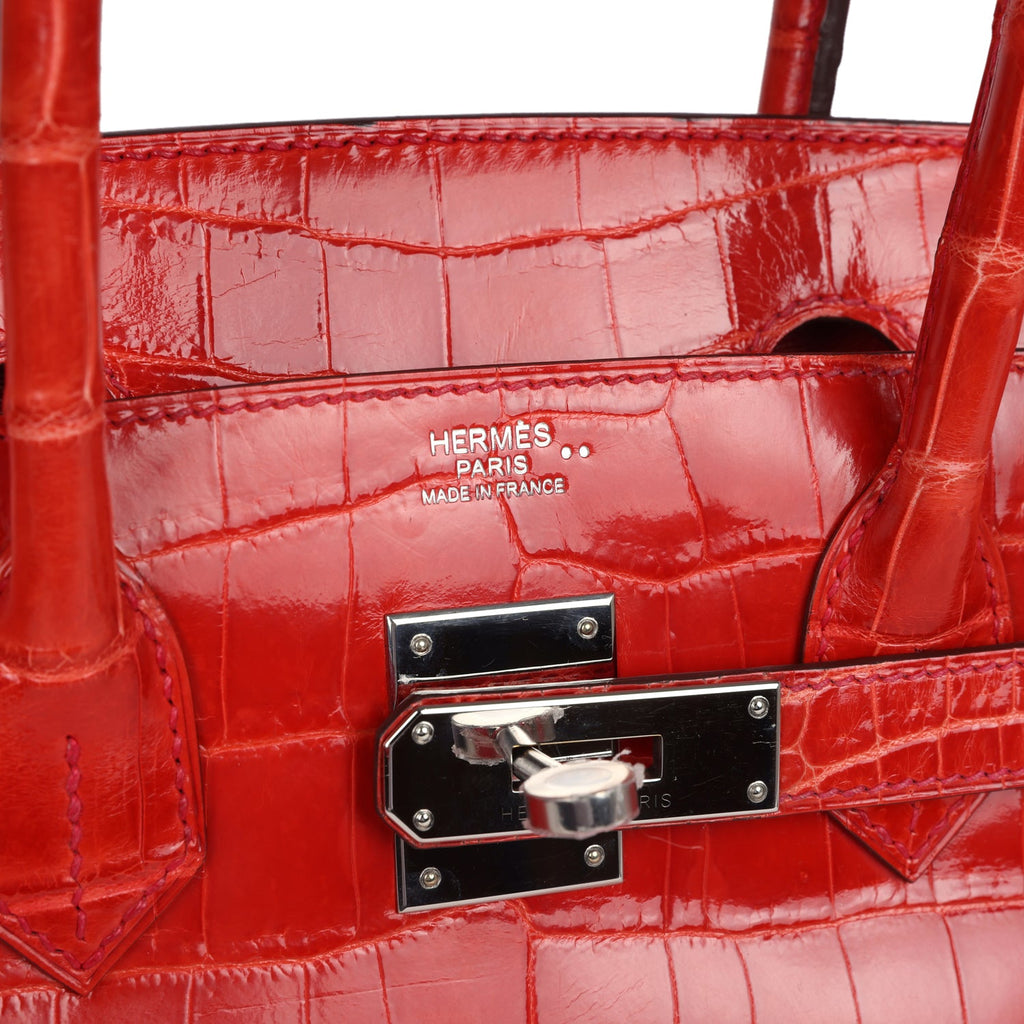 Pre-owned Hermes Birkin 30 Geranium Shiny Niloticus Crocodile Palladium Hardware - Image 8