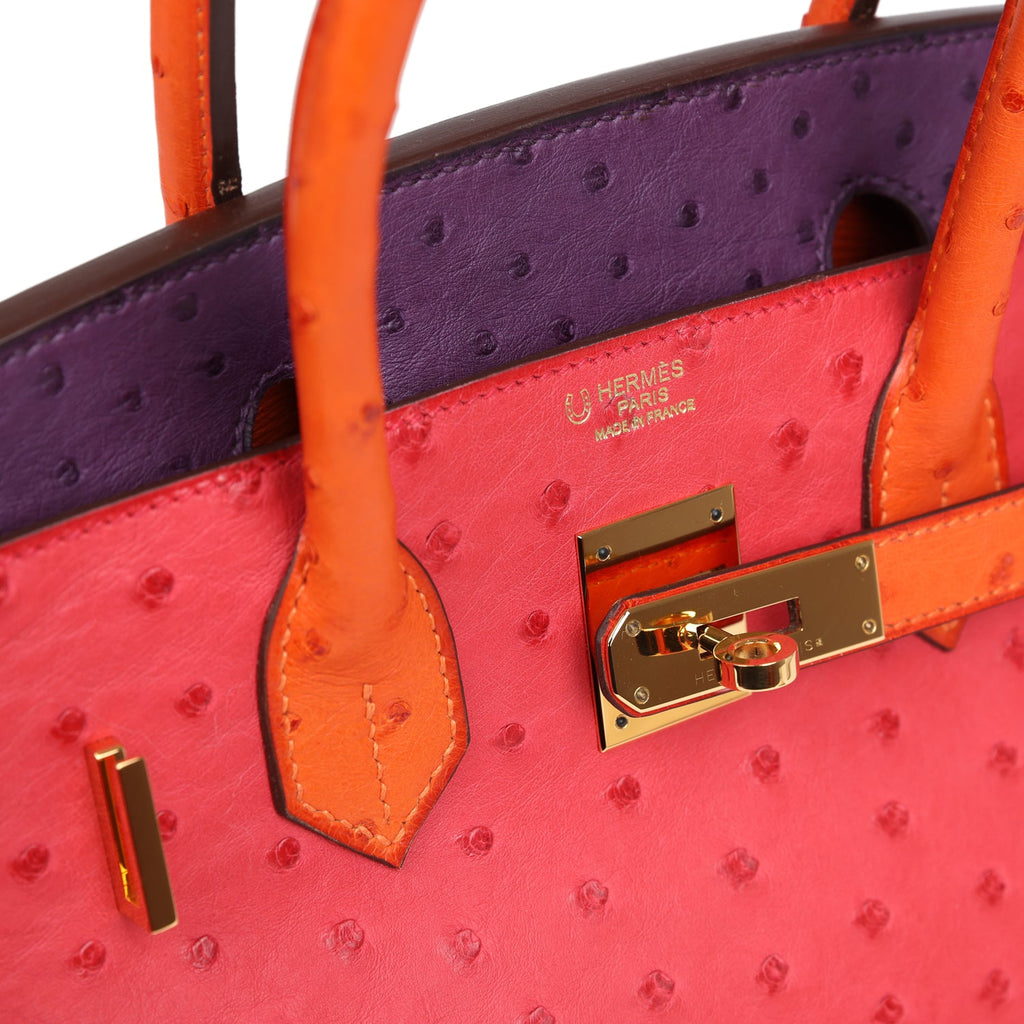 Pre-owned Hermes Special Order (HSS) Birkin 30 Tangerine, Violet and Bougainvillea Ostrich Gold Hardware - Image 8