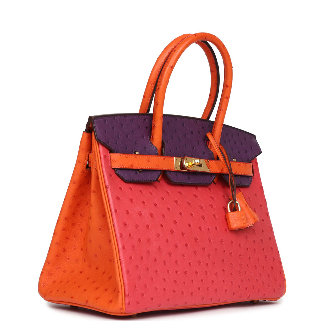Pre-owned Hermes Special Order (HSS) Birkin 30 Tangerine, Violet and Bougainvillea Ostrich Gold Hardware - Image 3