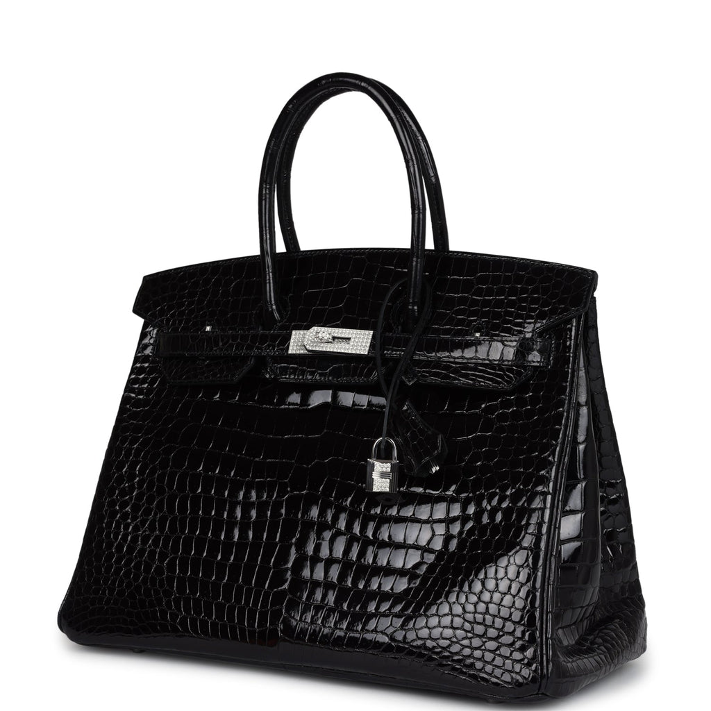 Pre-owned Hermes Birkin 35 Black Shiny Porosus Crocodile 18K White Gold Diamond Hardware - Image 6