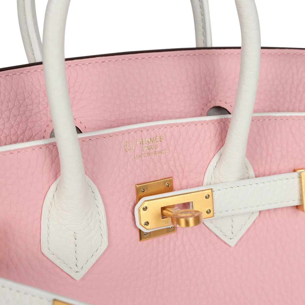Hermes Special Order (HSS) Birkin 25 Rose Sakura and White Clemence Brushed Gold Hardware - Image 8