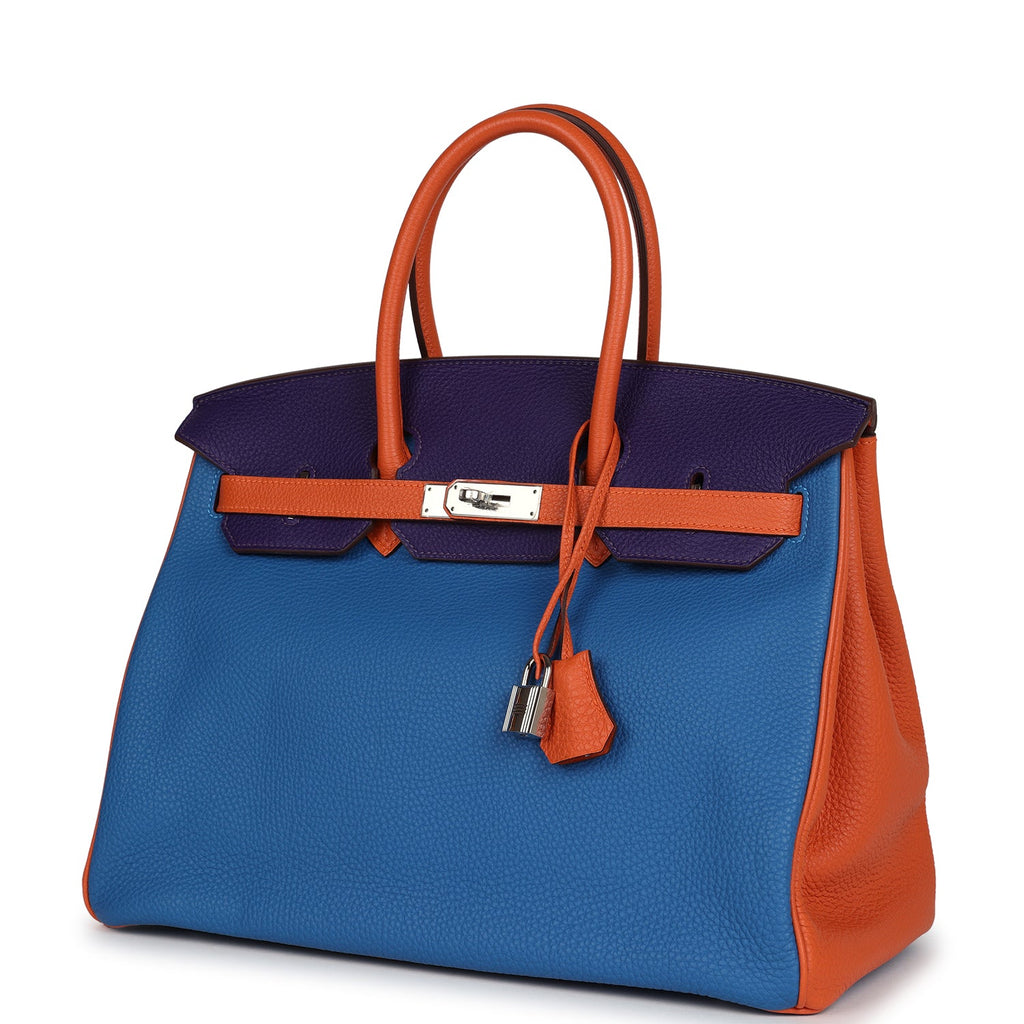 Pre-owned Hermes Special Order (HSS) Birkin 35 Tricolor Bleu Hydra, Ultraviolet and Orange Togo Palladium Hardware - Image 6
