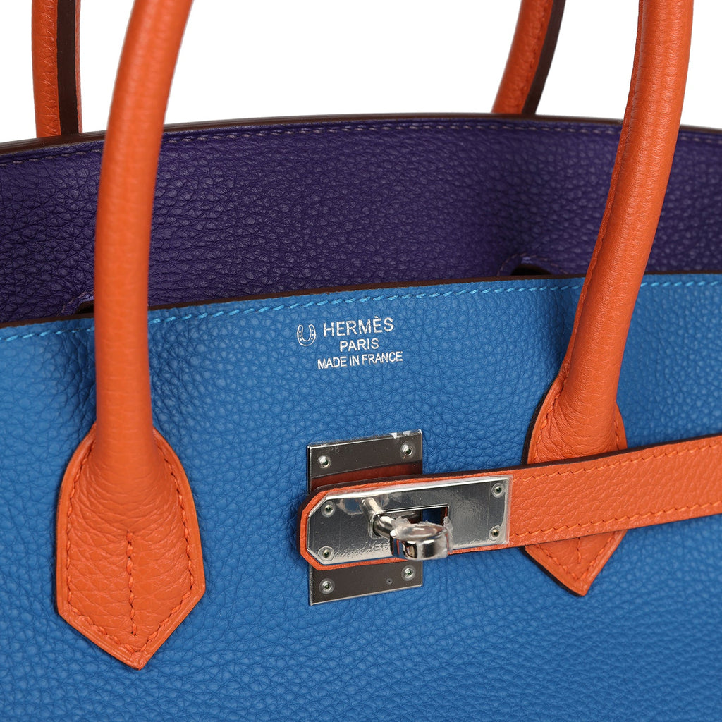 Pre-owned Hermes Special Order (HSS) Birkin 35 Tricolor Bleu Hydra, Ultraviolet and Orange Togo Palladium Hardware - Image 8