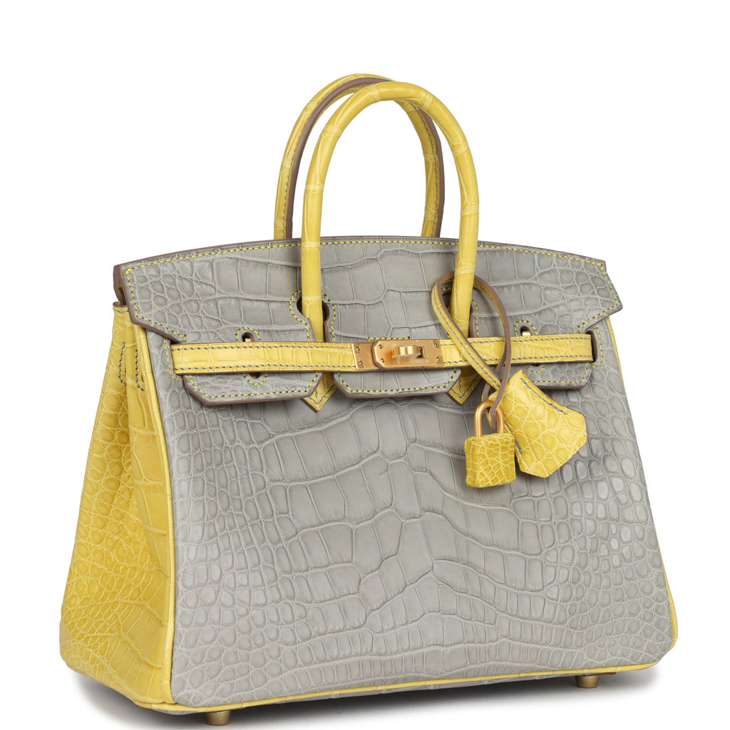 Hermes Special Order (HSS) Birkin 25 Gris Perle and Mimosa Matte Alligator Brushed Gold Hardware - Image 3