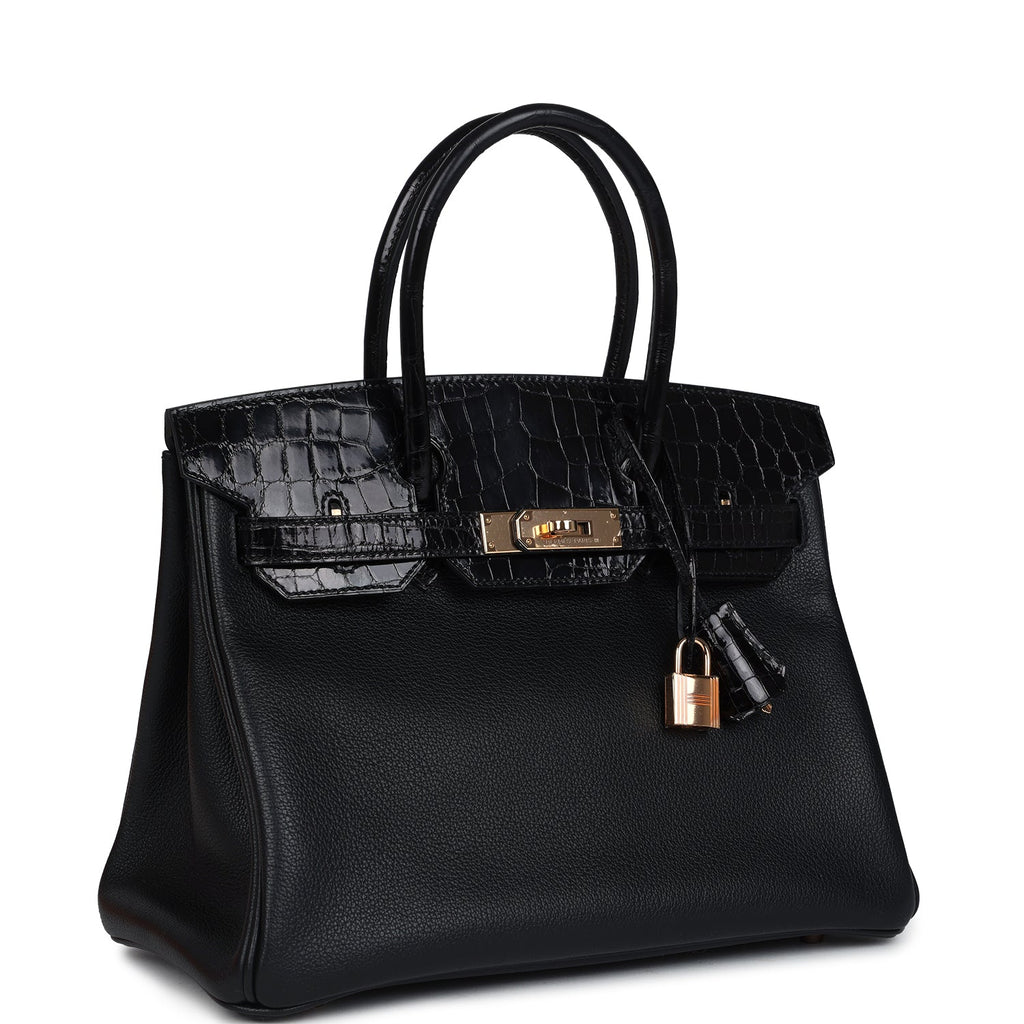 Pre-owned Hermes Birkin 30 Black Shiny Niloticus Crocodile and Novillo Touch Rose Gold Hardware - Image 3