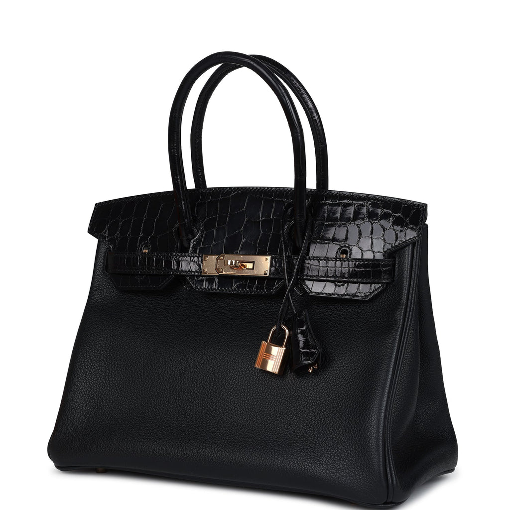 Pre-owned Hermes Birkin 30 Black Shiny Niloticus Crocodile and Novillo Touch Rose Gold Hardware - Image 6