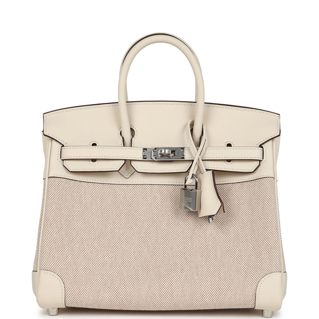 Hermes Birkin 25 Nata Swift and Ecru-Beige Toile H Canvas Palladium Hardware