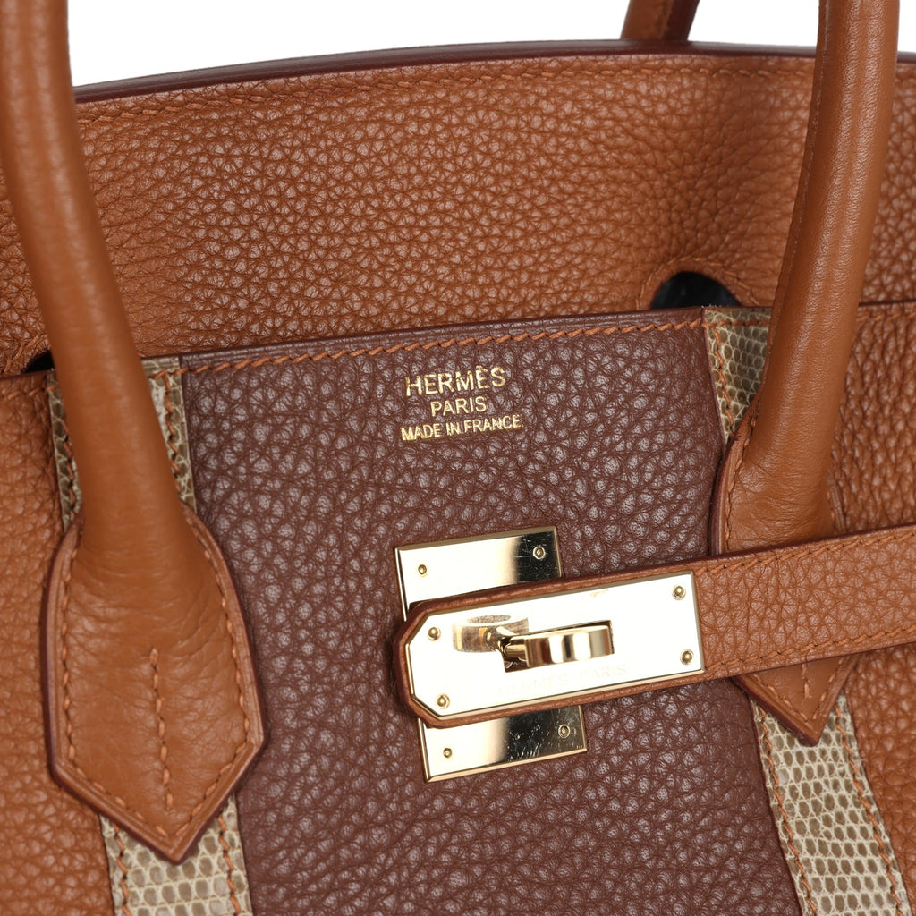 Pre-owned Hermes Birkin Club 35 Gold and Marron d'Inde Clemence and Ficelle Lizard Permabrass Hardware - Image 8