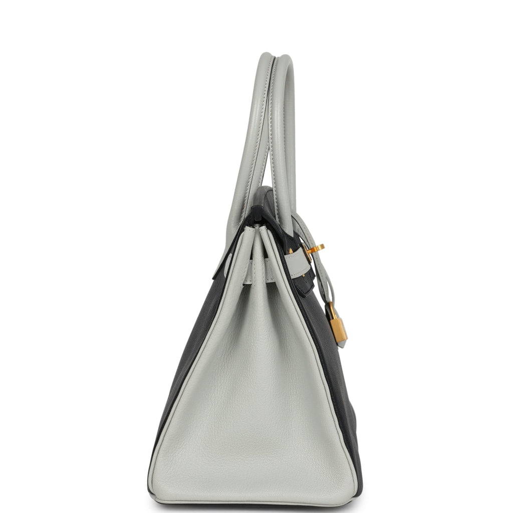 Pre-owned Hermes Special Order (HSS) Birkin 30 Black and Gris Perle Chevre Mysore Brushed Gold Hardware - Image 4