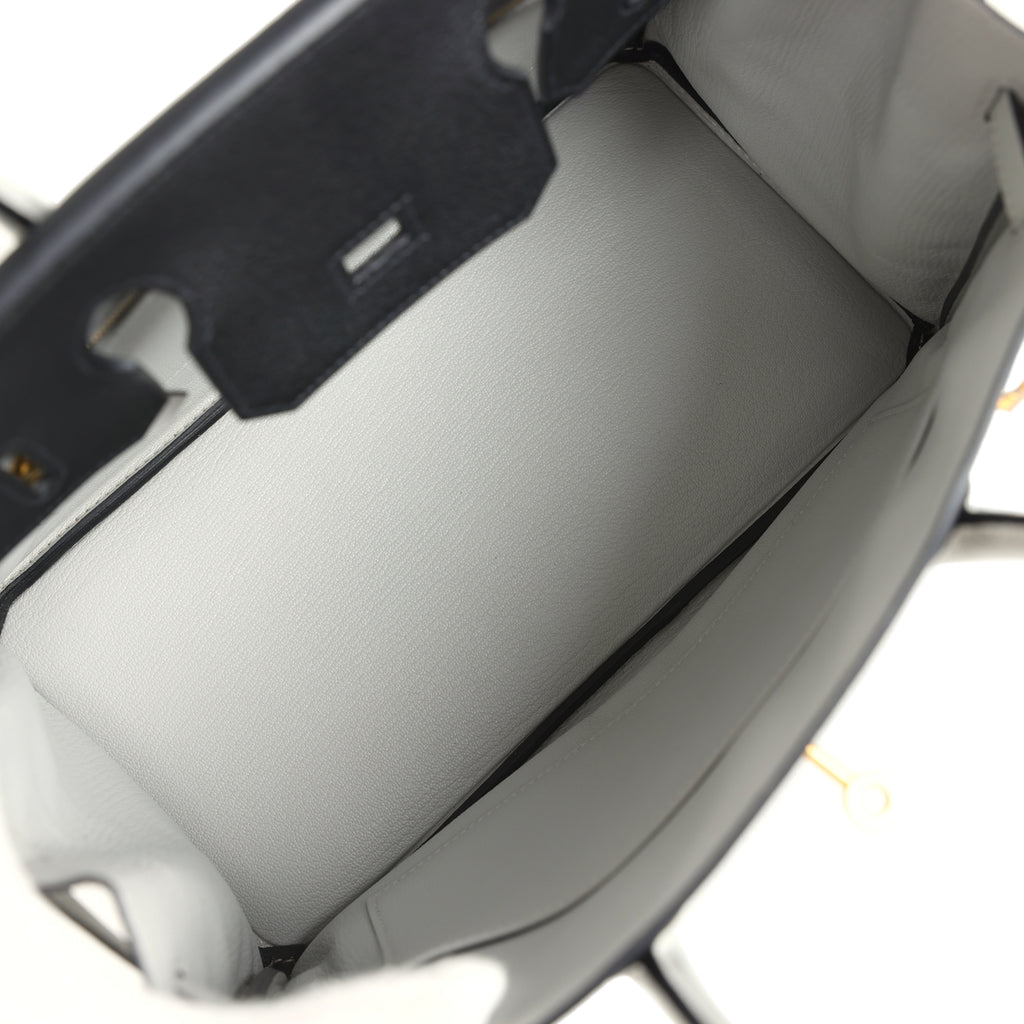 Pre-owned Hermes Special Order (HSS) Birkin 30 Black and Gris Perle Chevre Mysore Brushed Gold Hardware - Image 9