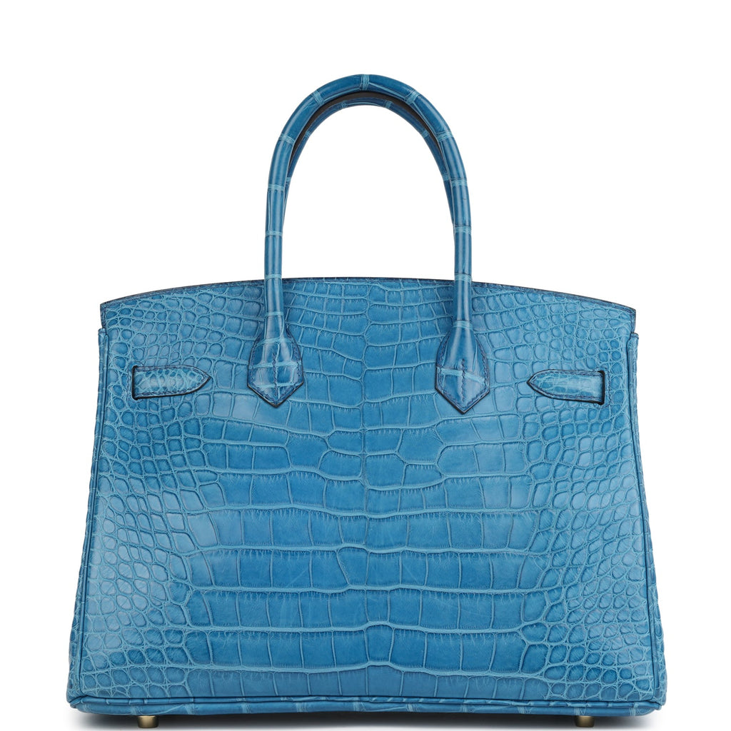 Pre-owned Hermes Birkin 30 Bleu Mykonos Matte Alligator Gold Hardware - Image 5