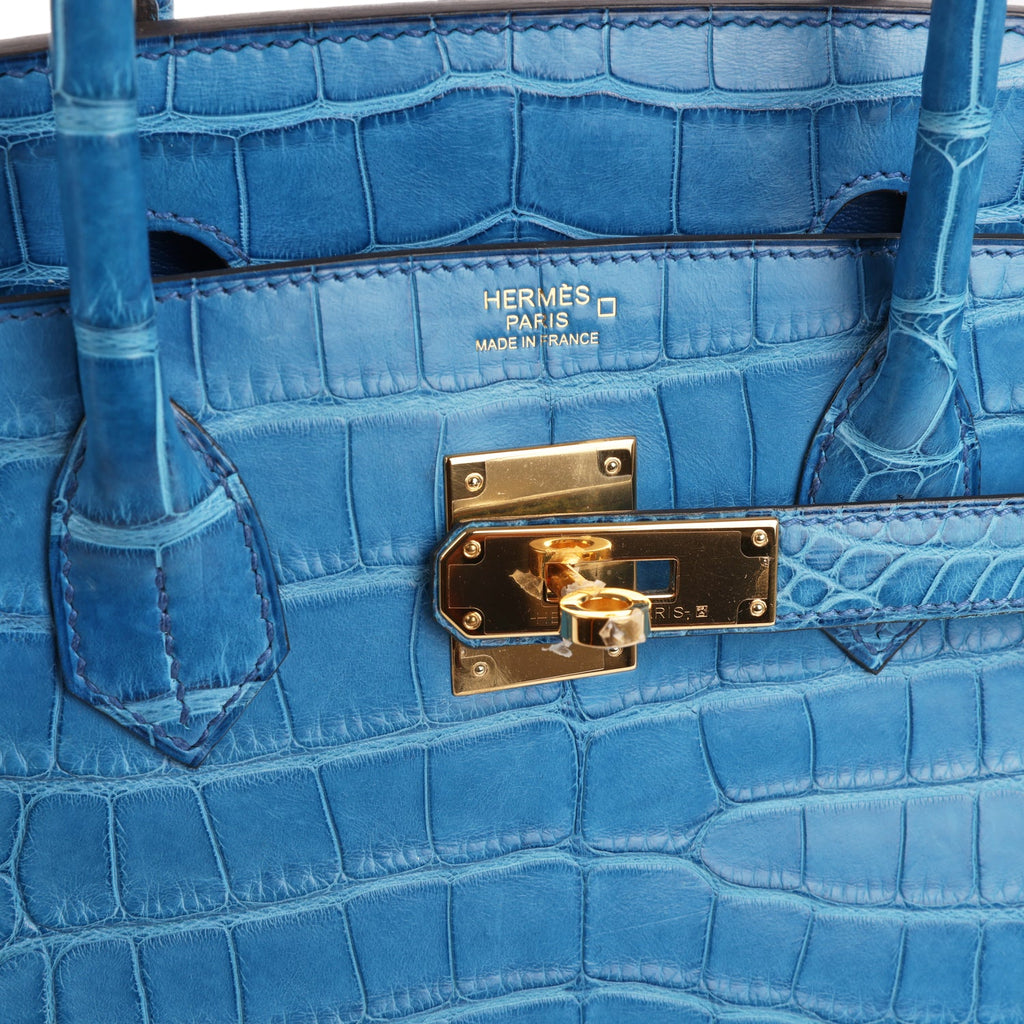 Pre-owned Hermes Birkin 30 Bleu Mykonos Matte Alligator Gold Hardware - Image 8