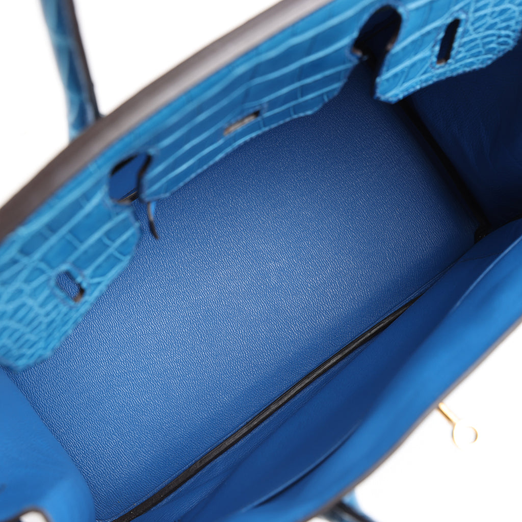 Pre-owned Hermes Birkin 30 Bleu Mykonos Matte Alligator Gold Hardware - Image 9