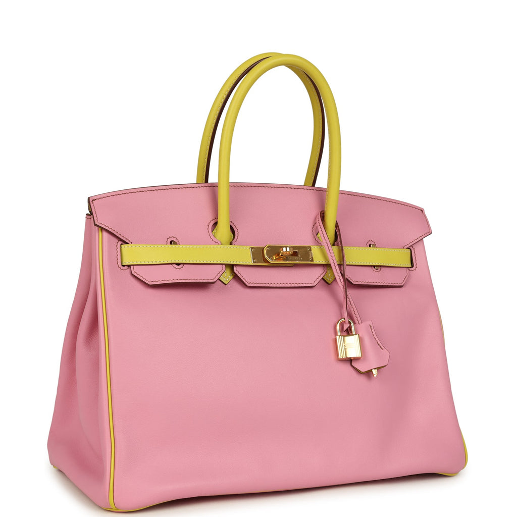 Pre-owned Hermes Special Order (HSS) Birkin 35 5P Bubblegum and Lime Swift Gold Hardware - Image 3