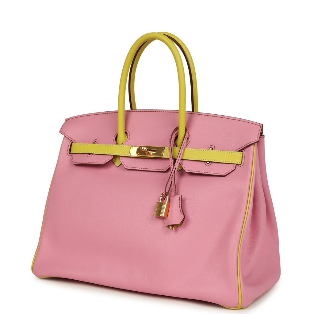 Pre-owned Hermes Special Order (HSS) Birkin 35 5P Bubblegum and Lime Swift Gold Hardware - Image 6