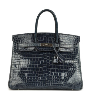 Pre-owned Hermes Birkin 35 Bleu Abysse Shiny Porosus Crocodile Palladium Hardware