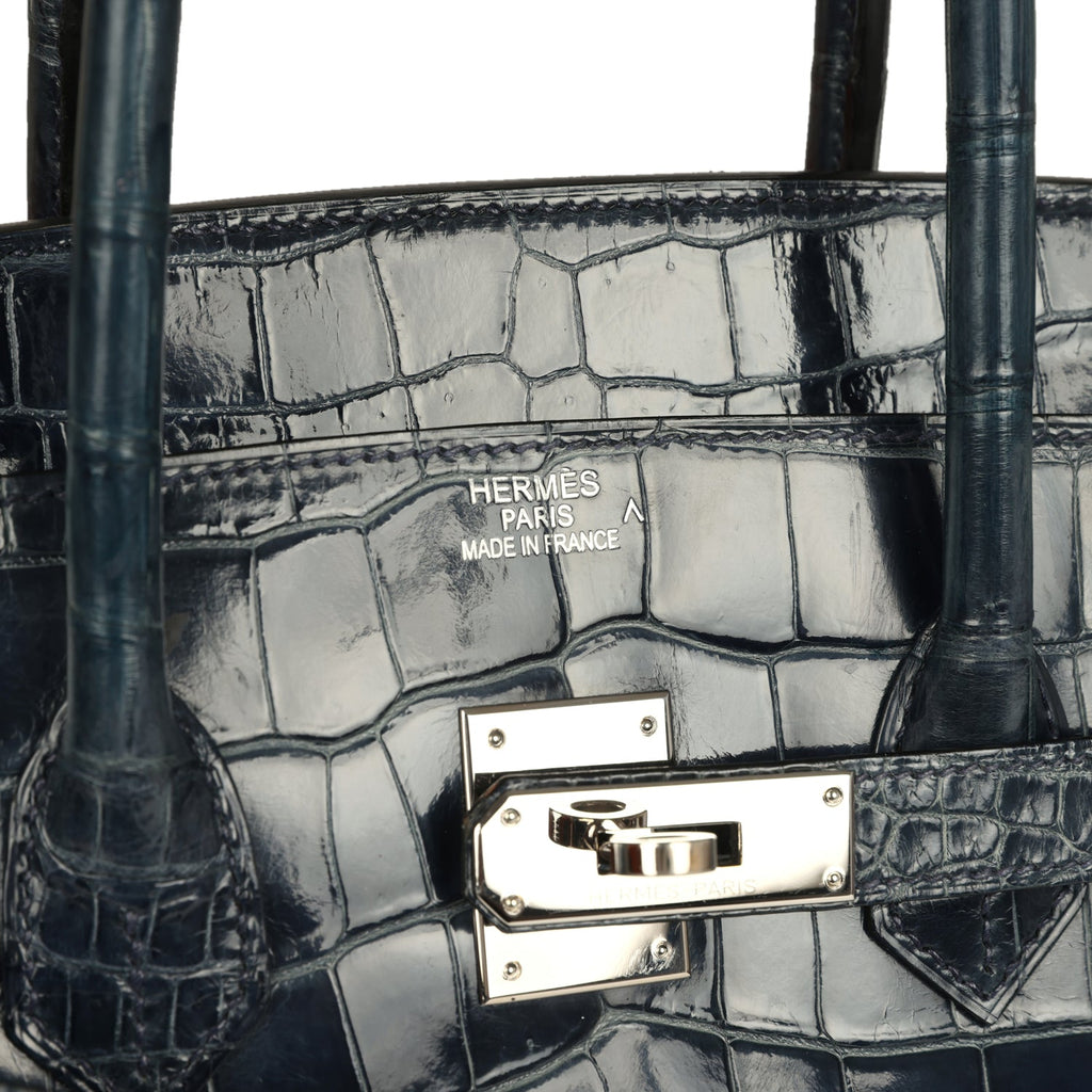Pre-owned Hermes Birkin 35 Bleu Abysse Shiny Porosus Crocodile Palladium Hardware - Image 8