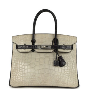 Pre-owned Hermes Special Order (HSS) Birkin 30 Gris Perle and Prunoir Matte Alligator Brushed Palladium Hardware