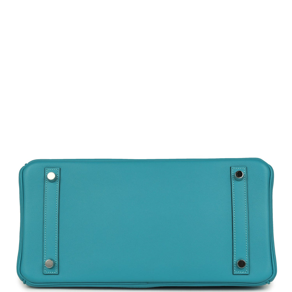 Pre-owned Hermes Birkin 30 Ghillies Turquoise Togo and Swift Palladium Hardware - Image 7