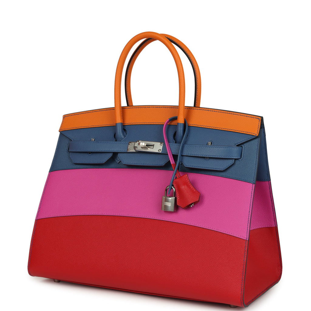 Hermes "Sunset" Birkin Sellier 35 Abricot, Bleu Agate, Magnolia and Rouge Casaque Epsom Palladium Hardware - Image 6