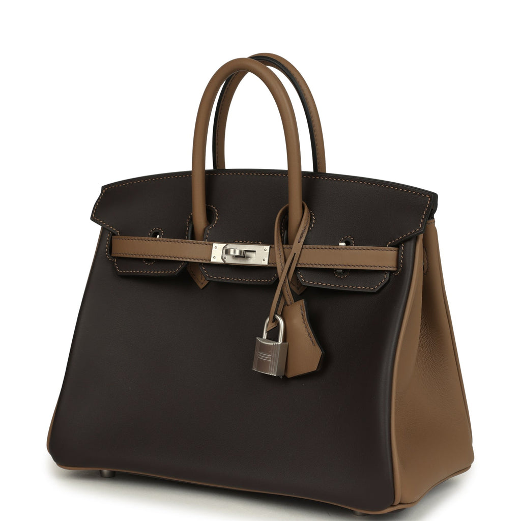Hermes Special Order (HSS) Birkin 25 Ebene and Beige De Weimar Swift Brushed Palladium Hardware - Image 6