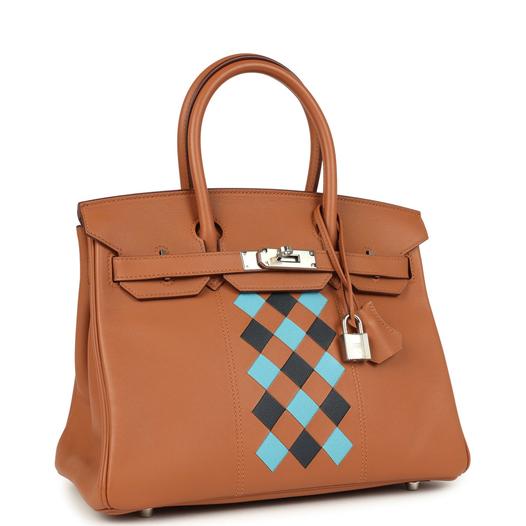 Pre-owned Hermes Birkin 30 Tressage De Cuir Gold Swift, Bleu Du Nord and Bleu Indigo Epsom Palladium Hardware - Image 3