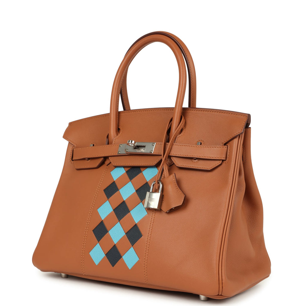 Pre-owned Hermes Birkin 30 Tressage De Cuir Gold Swift, Bleu Du Nord and Bleu Indigo Epsom Palladium Hardware - Image 6