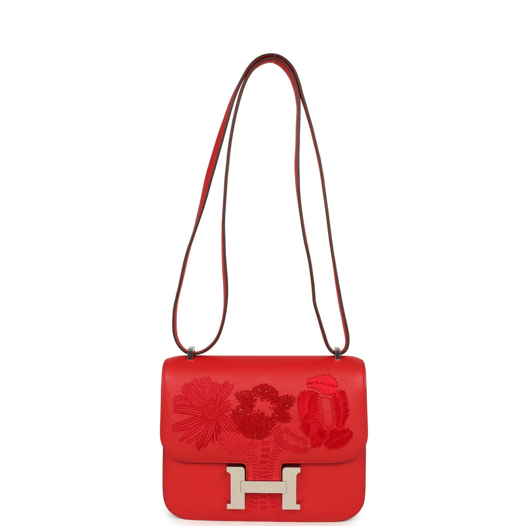 Hermes Constance 18 "Dancing Flowers" Rouge De Coeur Embroidered Swift Palladium Hardware - Image 8
