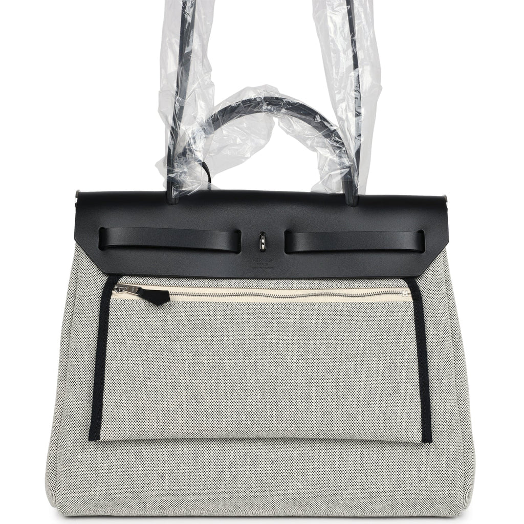 Hermes Herbag Zip 31 PM Hobnailed Black and Ecru Printed H Plume Canvas and Vache Hunter Palladium Hardware - Image 5