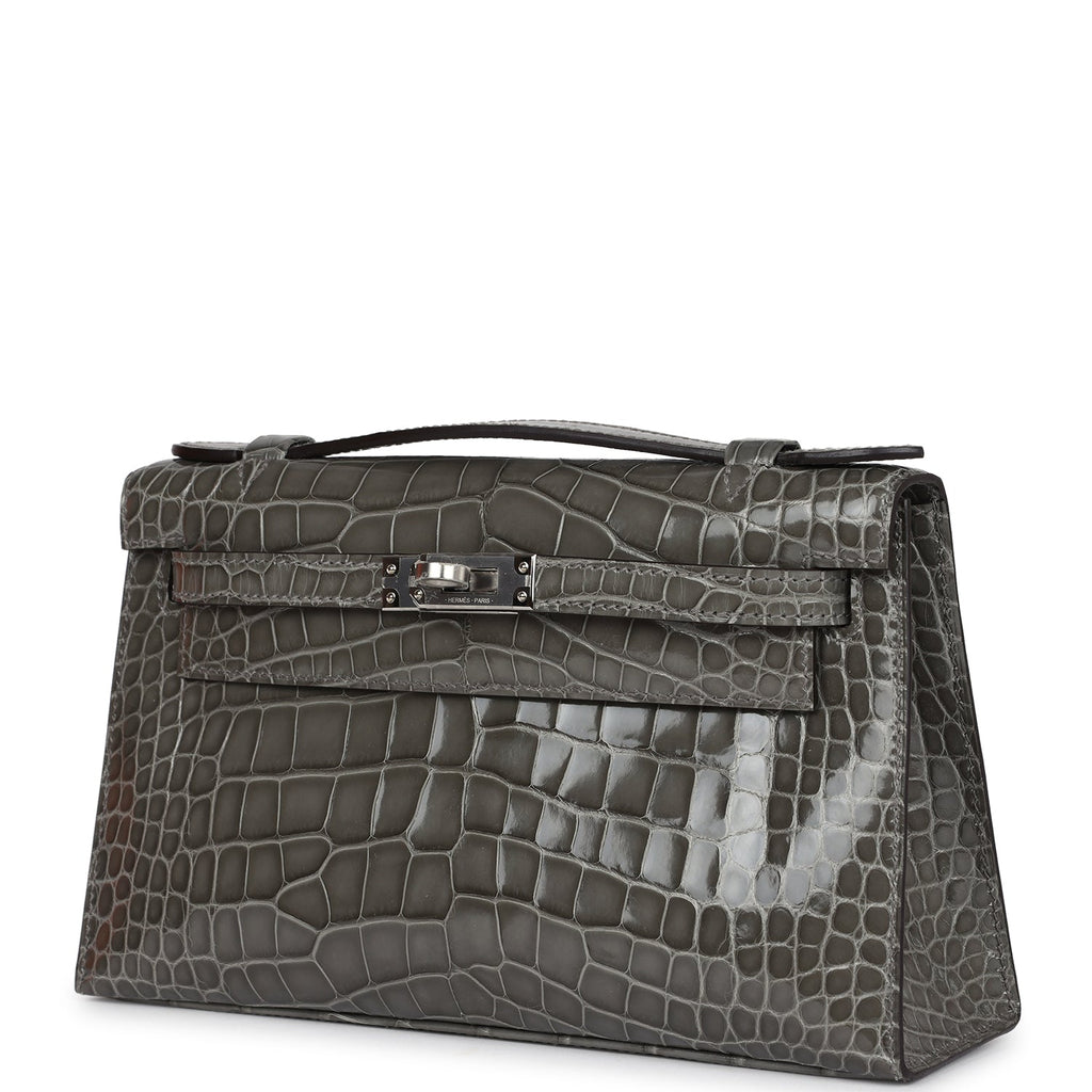 Hermes Kelly Pochette Gris Ciment Shiny Alligator Palladium Hardware - Image 6