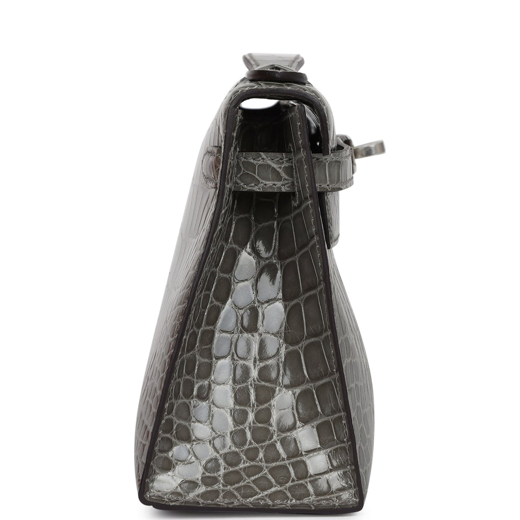 Hermes Kelly Pochette Gris Ciment Shiny Alligator Palladium Hardware - Image 4