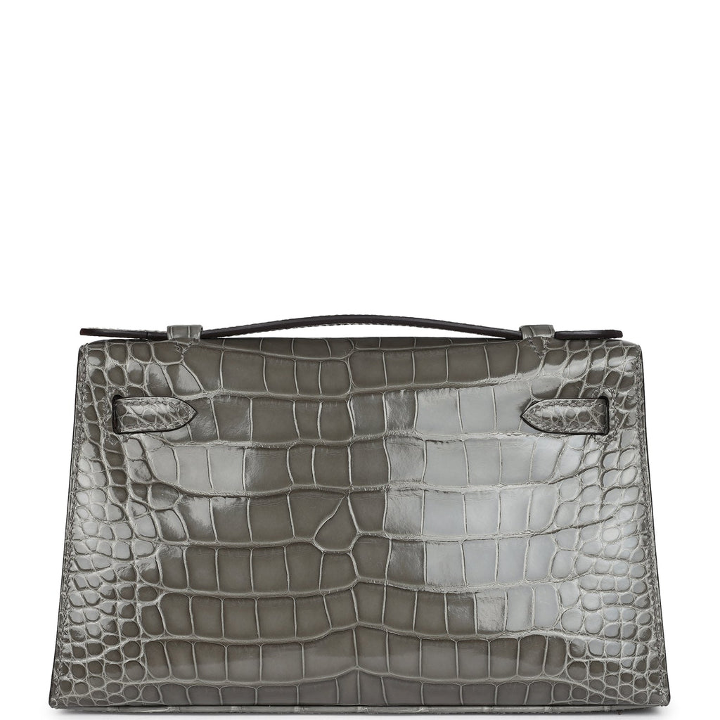 Hermes Kelly Pochette Gris Ciment Shiny Alligator Palladium Hardware - Image 5
