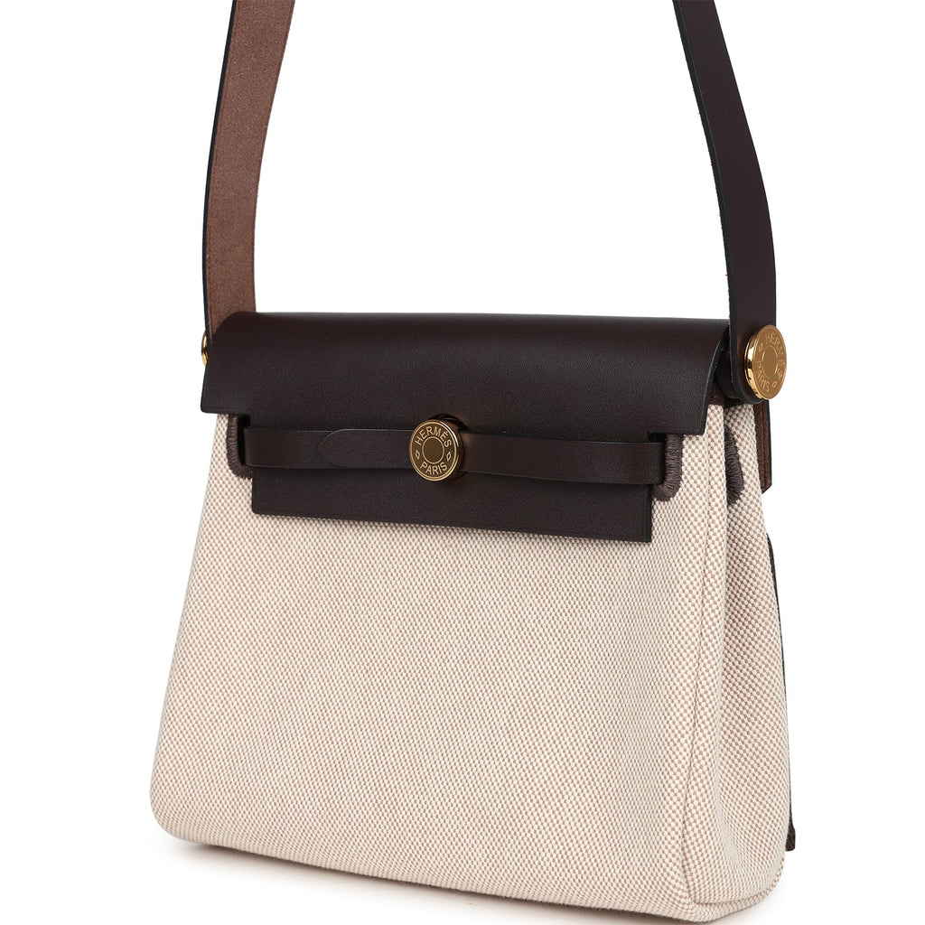 Hermes Herbag Zip 20 Mini Ecru and Beige Toile H Canvas and Ebene Vache Hunter Gold Hardware - Image 6