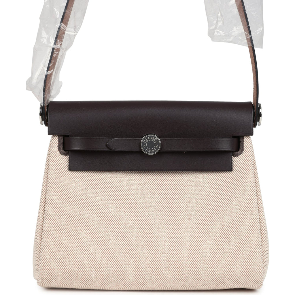 Hermes Herbag Zip 20 Mini Ecru and Beige Toile H Canvas and Ebene Vache Hunter Palladium Hardware