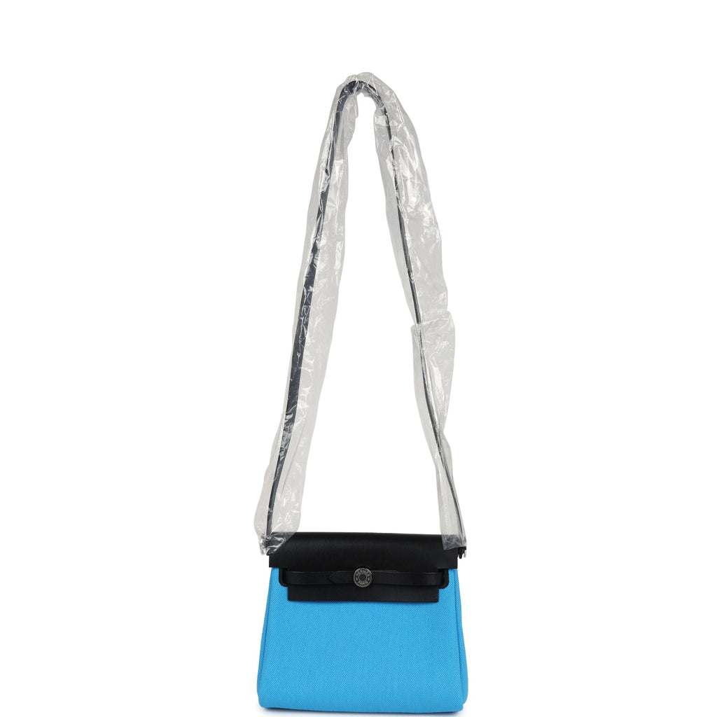 Hermes Herbag Zip 20 Mini Bleu Riviera Toile H Canvas and Black Vache Hunter Palladium Hardware - Image 9
