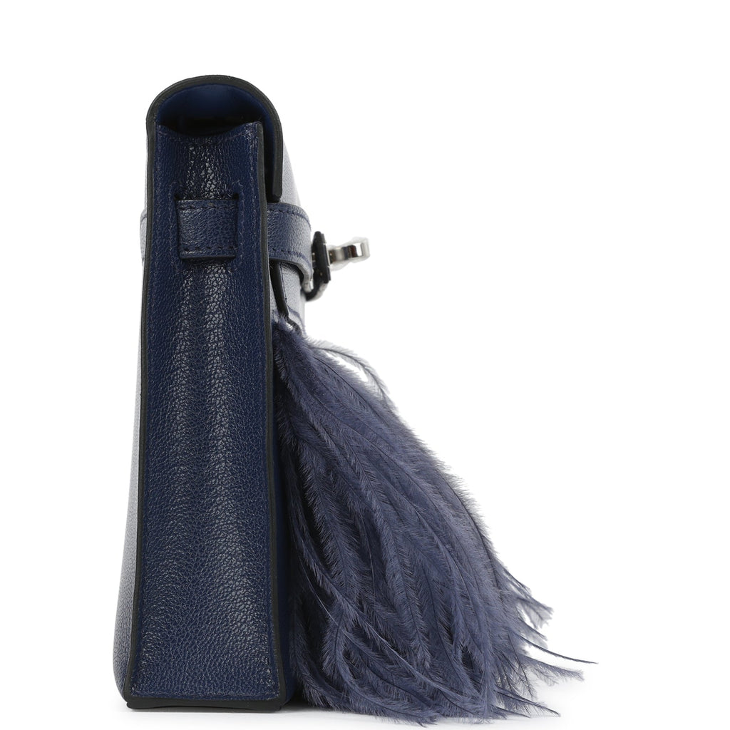 Hermes Kelly Elan Foile Bleu Saphir Chevre Chamkila and Ostrich Feathers Palladium Hardware - Image 4