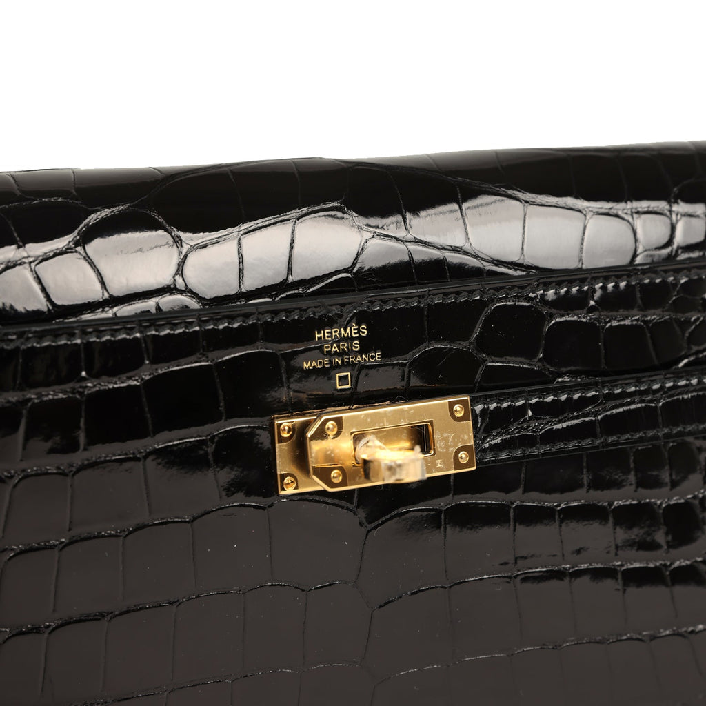 Pre-owned Hermes Kelly Wallet To Go Black Shiny Alligator Gold Hardware - Image 8