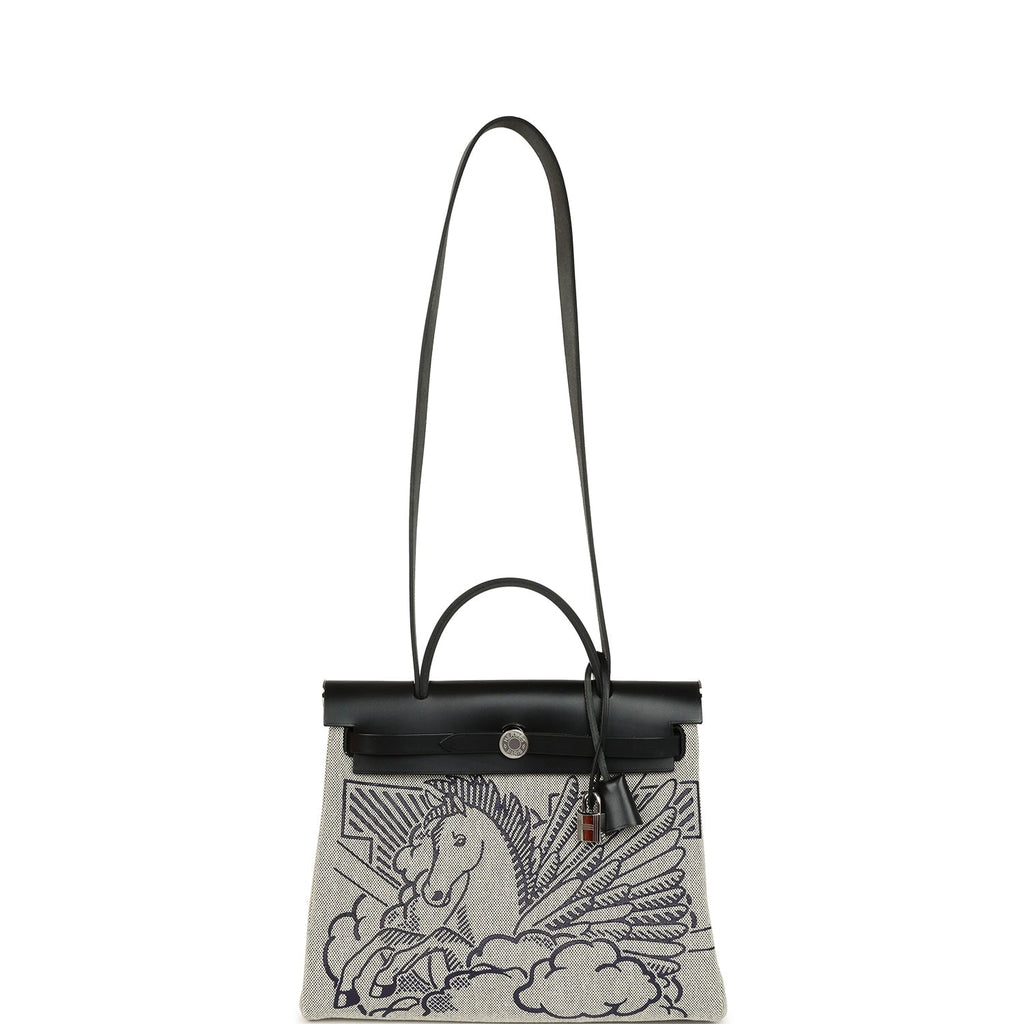 Pre-owned Hermes Herbag Zip Pegase Pop PM 31 Ecru Toile H Canvas and Black Hunter Palladium Hardware - Image 10