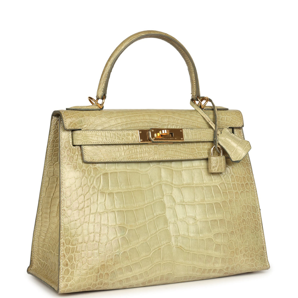 Vintage Hermes Kelly Sellier 28 Vert Celadon Natura Shiny Alligator Gold Hardware - Image 3