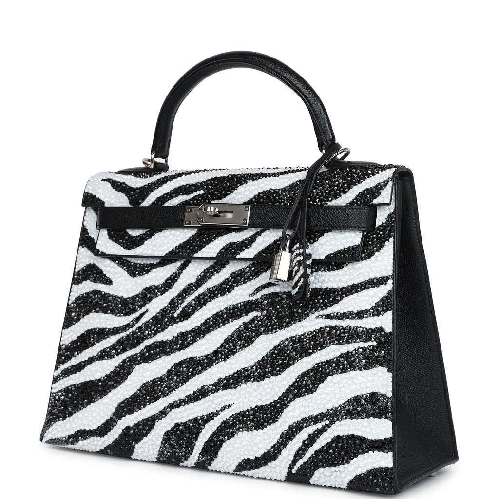 Custom Zebra Swarovski Crystal Hermes Kelly Sellier 32 Black Epsom Palladium Hardware - Image 5
