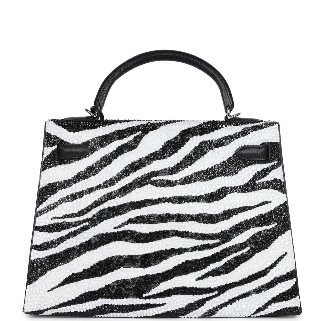 Custom Zebra Swarovski Crystal Hermes Kelly Sellier 32 Black Epsom Palladium Hardware - Image 6